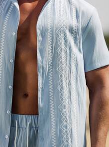 Manfinity RSRT 2pcs Men's Geometric Pattern Button-Up Shirt And Drawstring Pocket Shorts Set Men Summer Clothes Men Shirt Co Ords - Baby Blue - View 4