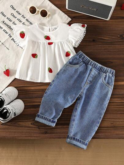 SHEIN Vintaside Kids 寶寶女孩草莓印花可愛風格圓領上衣長褲套裝