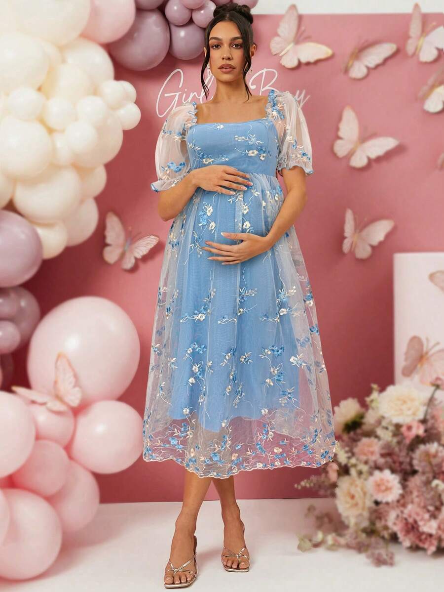 Loomaby Pregnant Women Square Neck Puff Sleeve Floral Embroidered Mesh Elegant Dress Maternity Dress - Blue - View 1