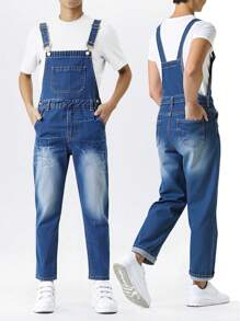 SHEIN Tween 男童海军蓝宽松阔腿时尚街头休闲百搭洗水牛仔背带裤