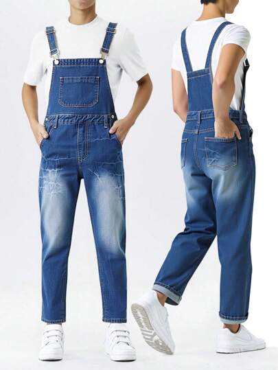 SHEIN Tween 男童海军蓝宽松阔腿时尚街头休闲百搭洗水牛仔背带裤