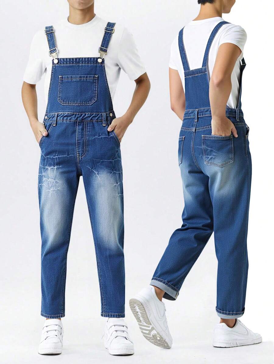 SHEIN Tween 男童海军蓝宽松阔腿时尚街头休闲百搭洗水牛仔背带裤