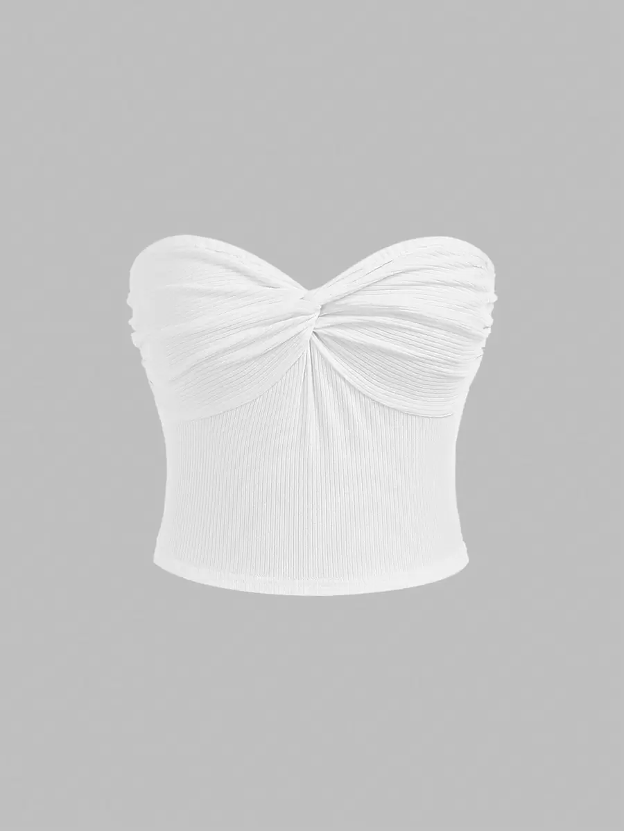 SHEIN Girlism 少女白色夏季扭纹前罗纹针织抹胸，适合度假、节日、午餐、音乐节等 - 白色 - 查看 1