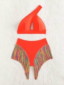 SHEIN Swim Women's Summer Beach Solid Color Cutout Sexy Bikini Swimwear Set - Orange - View 7