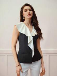MOTF PREMIUM CONTRAST STATEMENT COLLAR SLEEVELESS BLOUSE - Black and White - View 6