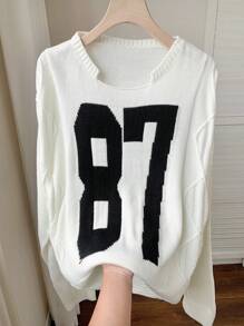SHEIN EZwear 女式超大号数字图案落肩长袖毛衣，秋冬款 - 白色 - 查看 8