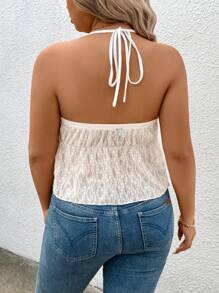 SHEIN CURVE+ Plus Size Women Ruffled Hem Halter Romantic Bow Tank Top - Pink - View 2