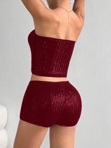 SHEIN Unity Women Solid Color Sequin Bandeau Top And Bodycon Shorts 2 Pieces Set - Burgundy - View 2