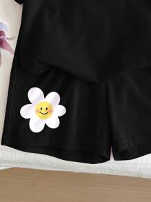 SHEIN Leap Crew 2 件 Tween 女童休闲简约短袖短裤套装，夏季服装 - 黑色 - 查看 4