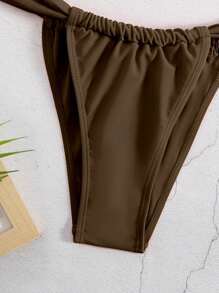 SHEIN Swim Women's Solid Color Halter Tie Sexy Bikini Set - Coffee Brown - View 3