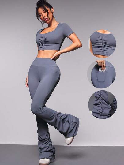 Ensemble de plein air femme, Top court froncé de couleur unie et pantalon évasé