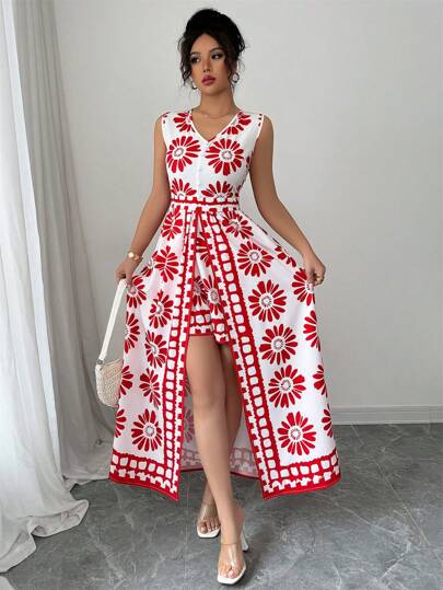 Elenzga Women's Spring/Summer Beach Vacation Casual Elegant Colorblock All-Over Retro Print Sleeveless Jumpsuit