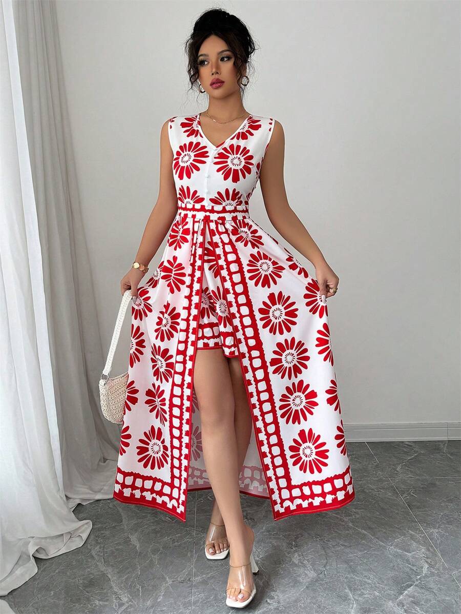 Elenzga 女士春夏海滩度假休闲优雅拼色全复古印花无袖连体裤 - 紅色 - 查看 1