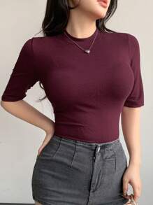 DAZY Camiseta casual de verano para mujer de manga corta, cuello alto ajustado y envolvente, que combina con todo - Burdeos - Ver 4