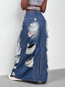 SHEIN Slayr Women's Distressed Front Zip Up High Slit Long Denim Skirt - Blue - View 2