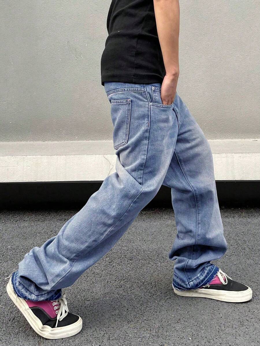 Manfinity Roghcode Jeans rectos de pierna casual lavados para hombres - Azul lavado medio - Ver 1