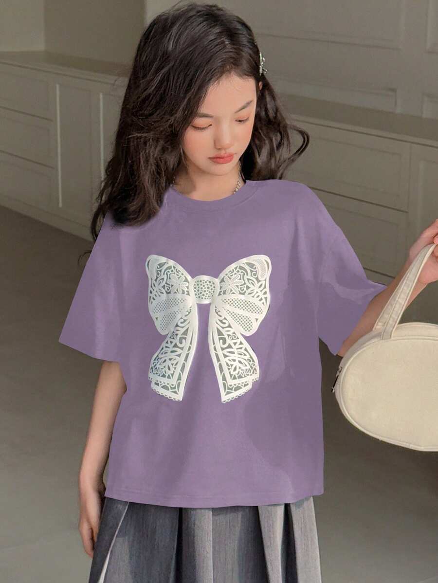 DAZY Tween Girl Crew Neck Knit Short Sleeve Butterfly Print T-Shirt, Spring/Summer,Back To School Clothes - Purple - View 1