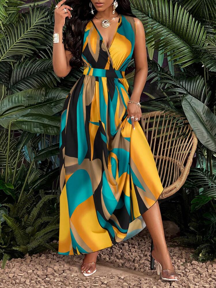 Vestido maxi de ajuste y pliegue con escote en V, sección de cintura de punto de cable y estampado tropical para mujer - Verde - Añade 6
