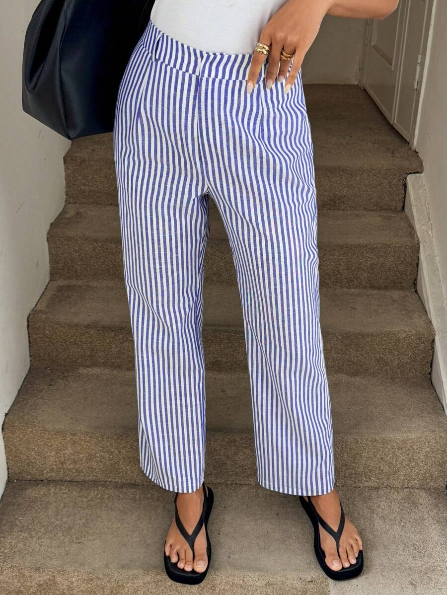 SHEIN LUNE Airport For Women Women's Spring/Summer Cotton Striped Suit Pants - Blue and White - View 1