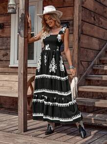 LanaWest 女式波西米亚音乐节黑白撞色印花荷叶边下摆系带腰部休闲连衣裙 - 黑色 - 查看 3