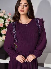 Modelyn 女士优雅枣红色蕾丝边褶饰荷叶边下摆长袖百褶连衣裙 - 紫色 - 查看 5