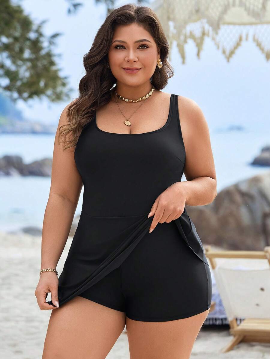 SHEIN Swim 大码方领连体泳衣,夏日海滩度假 - 黑色 - 查看 1