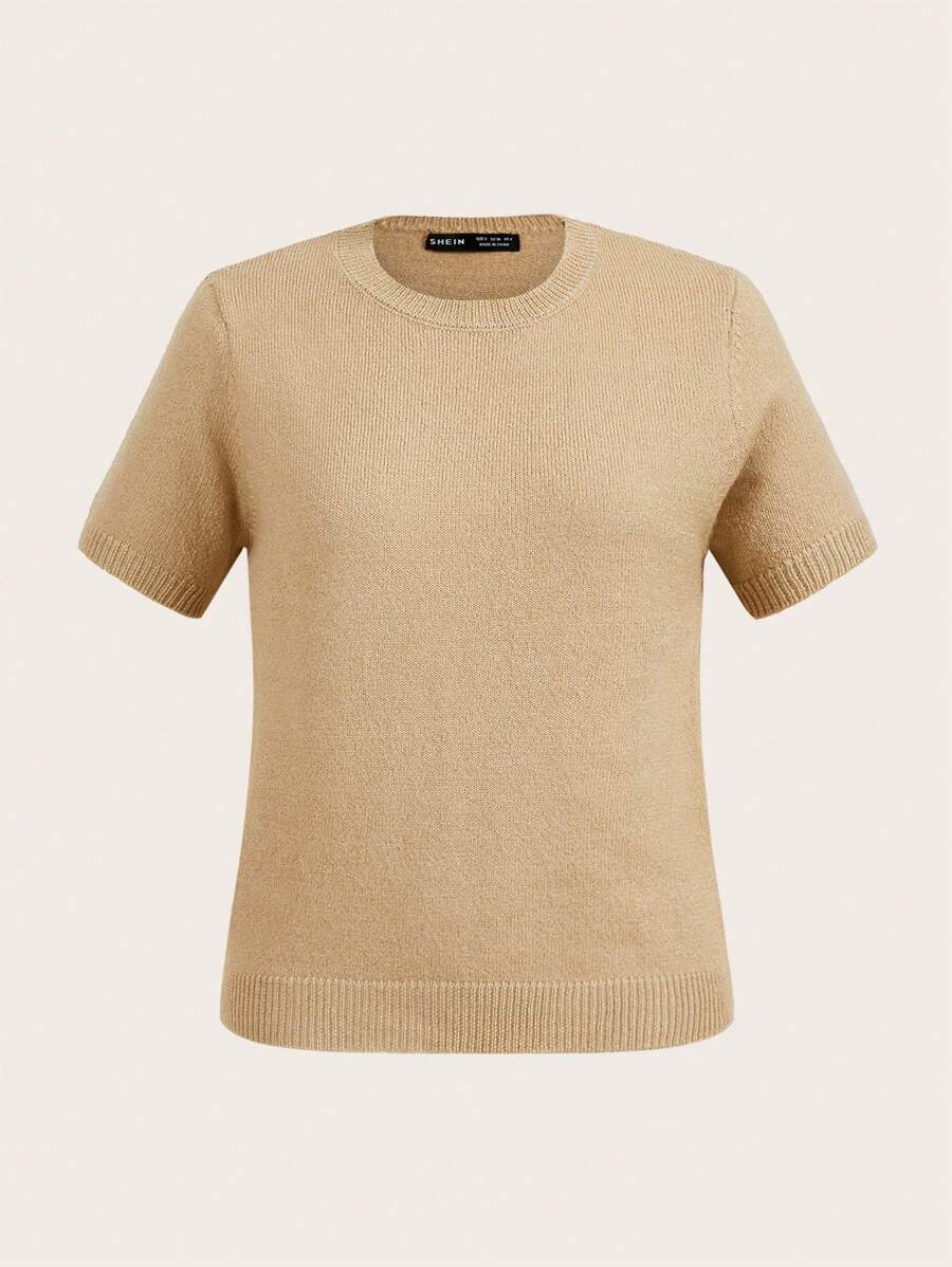 SHEIN BASICS Maglione da donna casual a girocollo a maniche corte di colore tinta unita - Cachi - Visualizzare 1