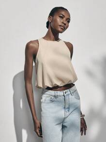 Lumivelle Women's Crew Neck Sleeveless Backless Fitted Short Crop Top, Solid Color - Apricot - View 2