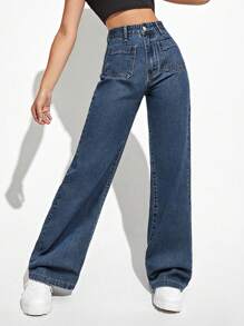 SHEIN PETITE Casual Washed High Waist Straight Leg Jeans - Dark Wash - View 1