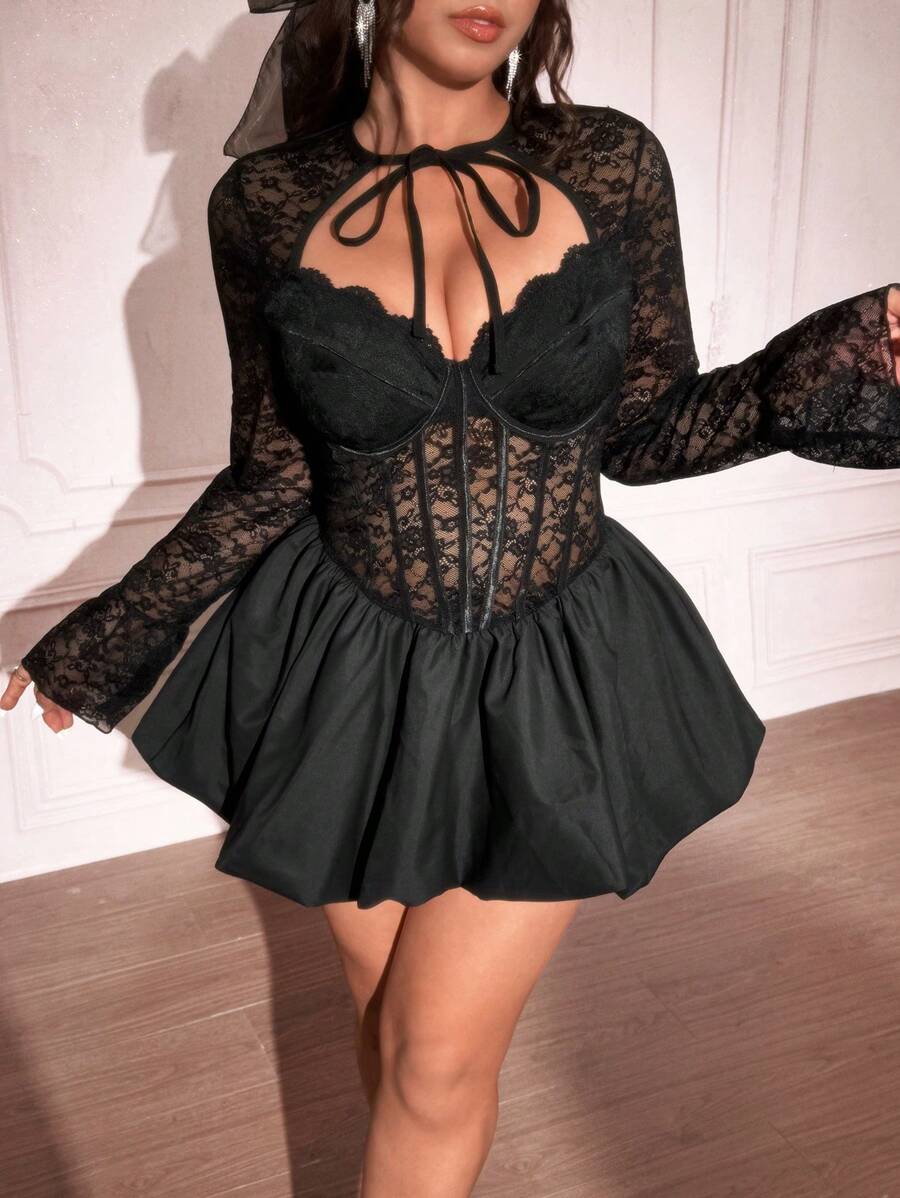 Viva Relle Plus Size Women's Spring/Summer New Year Black Lace Sexy Hollow Out Tie Front Avant-Garde French Casual Young Chic Fashion Elastic Knit Versatile Comfortable Undershirt Dress, Sexy Formal Dress For Social Occasions, Holidays, Black Bodysuit, Formal Dress, Young Elegant Sexy Patchwork Sexy Top, Sexy Holiday Outfit, Social Occasions, Black Top, Black Jumpsuit, Black Bustier, Long Sleeve Fitted Sheer Shoulder Fitted Solid Undershirtvalentine Outfits For Women - Black - View 1