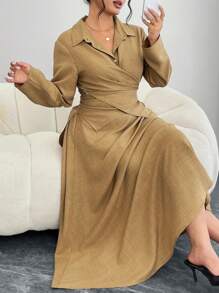 Modelyn Plus Size Casual Solid Color Wrap Shirt & Skirt 2 Pieces Set - Khaki - View 1