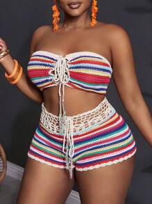 Slaydiva Novos looks de Páscoa, faroeste, feriados e primavera/verão 2025 para mulheres plus size, top casual minimalista com listras vazadas e shorts, conjunto de suéter de malha feminino plus size de 2 peças - Multicolorido - Ver 8