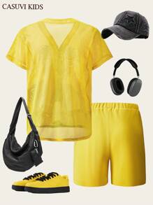 SHEIN Explorewe Set 2pcs/Set Kaos dan Celana Pendek Olahraga Berbahan Jala untuk Remaja Laki-laki dengan Grafis Potret AI - Kuning - View 2