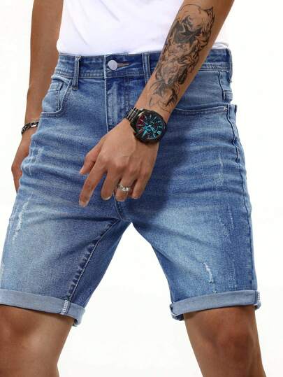 Manfinity Homme Men Cat Whiskers Washed Denim Shorts Plain Work Denim Jorts Navy Blue Denim Shorts, For Husband, Boyfriend Gifts Going Out Hang Out Work College Urban