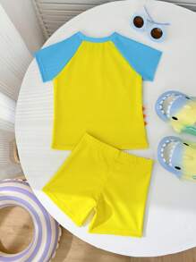 2pcs Boys Cartoon Animal & Basketball Print Short Sleeve Rash Guard And Swim Trunks Set - Multicolor - View 2