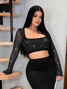 SHEIN SXY 女士时尚性感水钻网眼拼接短款上衣 - 黑色 - 查看 6