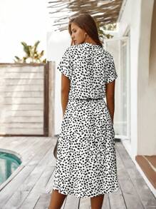 Breezaya Dalmatian Print Drawstring Waist A-Line Dress Maxi Vacation Beach Outfits Women - Black and White - View 2