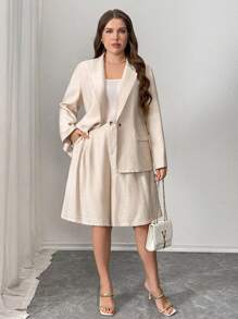 SHEIN Unity Plus Size Women French Chic Elegant Office Casual Vacation Comfortable Solid Blazer + Elastic Waist Relaxed Fit Shorts Casual Suit - Apricot - View 3