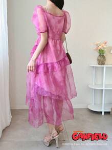 Garfield X FRIFUL Women's Collaboration Full Print Sweet Puff Midi Dress Ladies Summer Dress - Pink - View 7