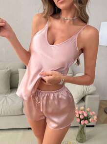 Conjunto de pijama con top camisole con inserto de encaje y shorts de unicolor, para vacaciones
