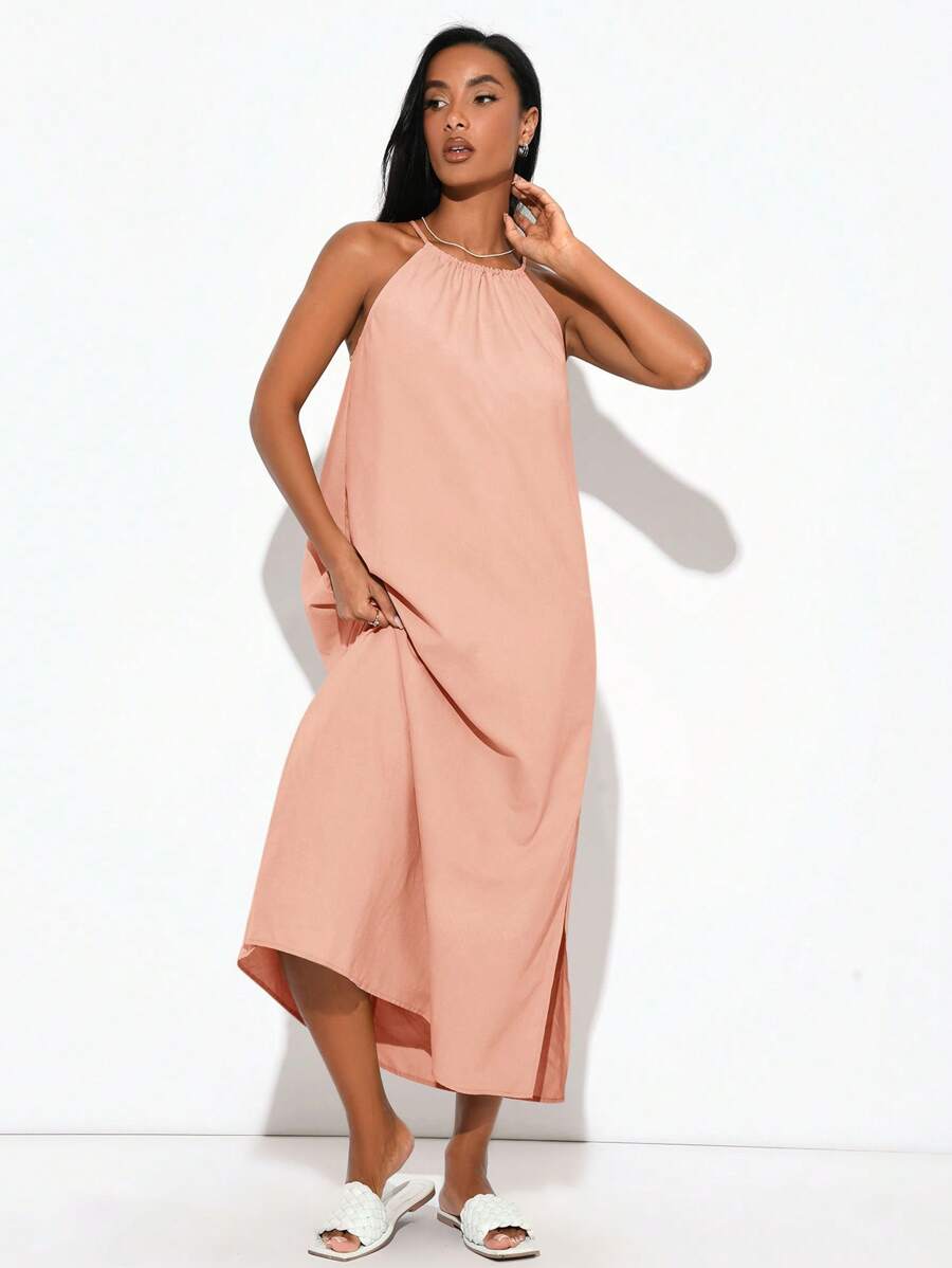 SHEIN BASICS 1pc Women's Solid Color Casual Woven Halter Side Slit Dress - Pink - View 1