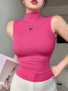 DAZY Women High Collar Fitted Sleeveless Wrap Around Tank Tops