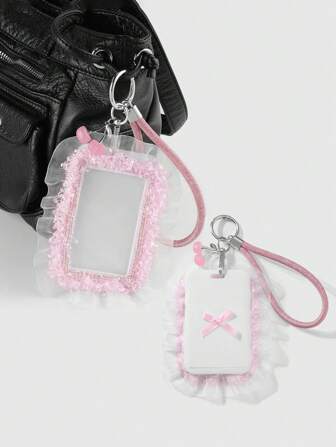 Kawaii 1pc INS Style Cute Girl Fashionable Exquisite High-Quality Pink Lace Faux Cherry Pendant, Clear Card ID Badge Holder Lanyard, DIY Keychain & Bag Charm, Suitable For Girls & Women, Ideal Gift