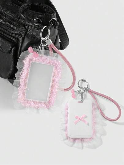 Kawaii 1 pièce Style INS Jolie fille mode, pendentif rose en dentelle de qualité supérieure avec faux cerise, support de carte d'identité transparent avec cordon, porte-clés et breloque de sac à main DIY, convient aux filles et aux femmes, cadeau idéal