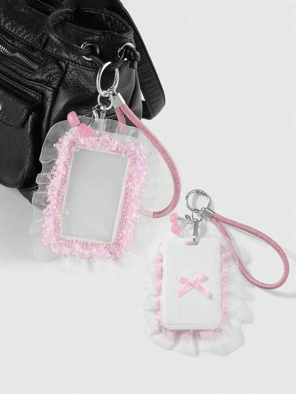 ROMWE Kawaii 1pc INS Style Cute Girl Fashionable Exquisite High-Quality Pink Lace Faux Cherry Pendant, Clear Card ID Badge Holder Lanyard, DIY Keychain & Bag Charm, Suitable For Girls & Women, Ideal Gift