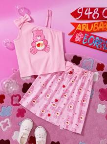 SHEIN X Care Bears Tween Girl Cute Pink Heart Bear Print Cami Top And A-Line Skirt 2 Pieces Set - Pink - View 1