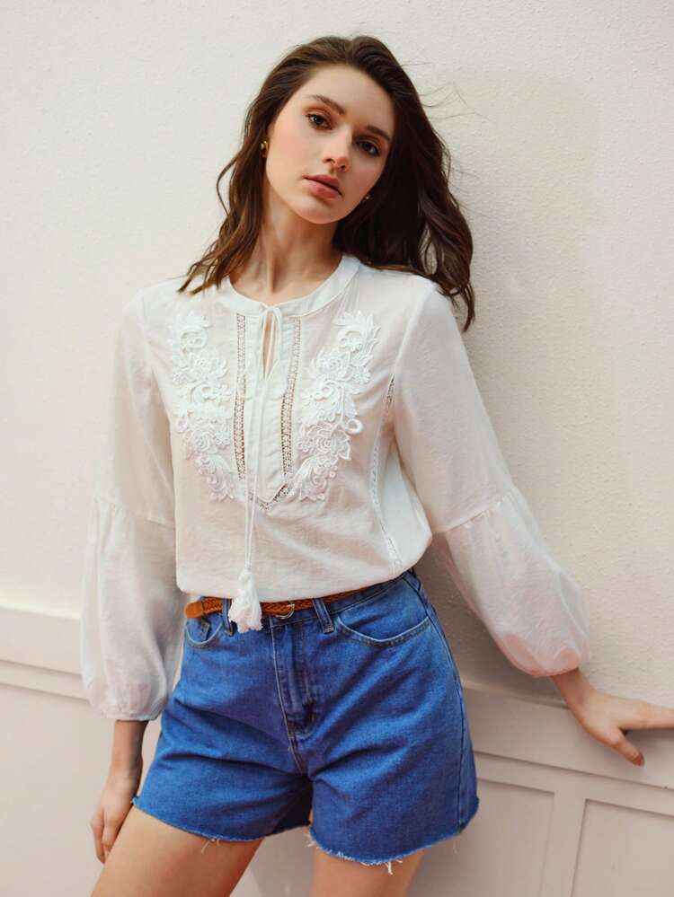 FLOWER APPLIQUES TIE NECK BLOUSE