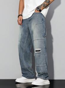 Manfinity Homme Men's Distressed Straight Leg Relaxed Fit Casual Versatile Jeans, Loose Jeans Men, Men's Cargo Denim Jeans, Ripped Jeans Men, Men's Loose Fit Jeans