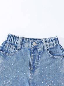 SHEIN Fete Vintage Chic Bling Heart Casual și comozi Pantaloni largi din denim roz - Spălare medie - Vizualizare 3