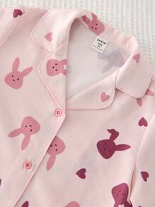 SHEIN Leap Crew 2pcs Young Girls Cute Rabbit Pattern Lapel Button Short Sleeve Top & Wide Leg Pants Pajama Outfit, Sleepwear Set, Easter Holiday - Pink - View 3